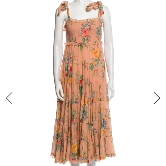 Zimmermann Zinnia Shirred Cotton-Silk Crepon Midi Dress in Coral Floral size 0 - Picture 8 of 14